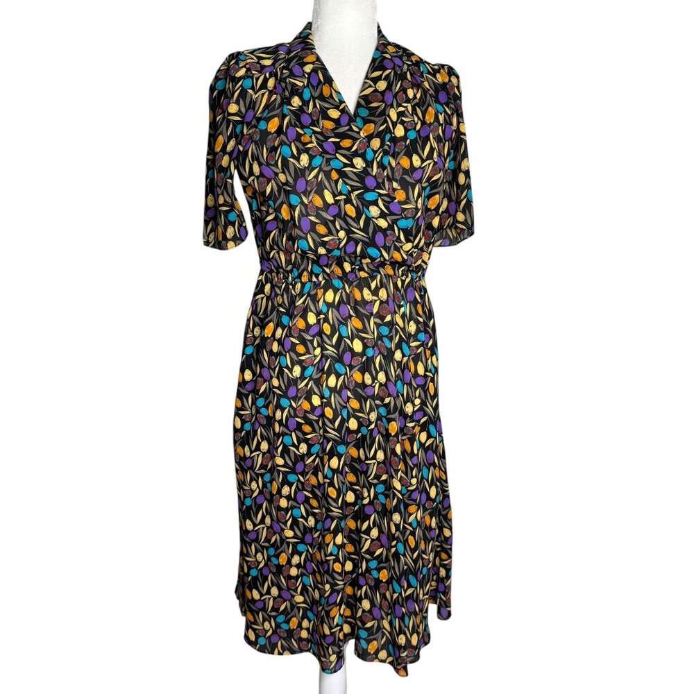 Vintage 80s Stuart Alan Midi Dress Size Medium Black Floral Pockets Short Sleeve